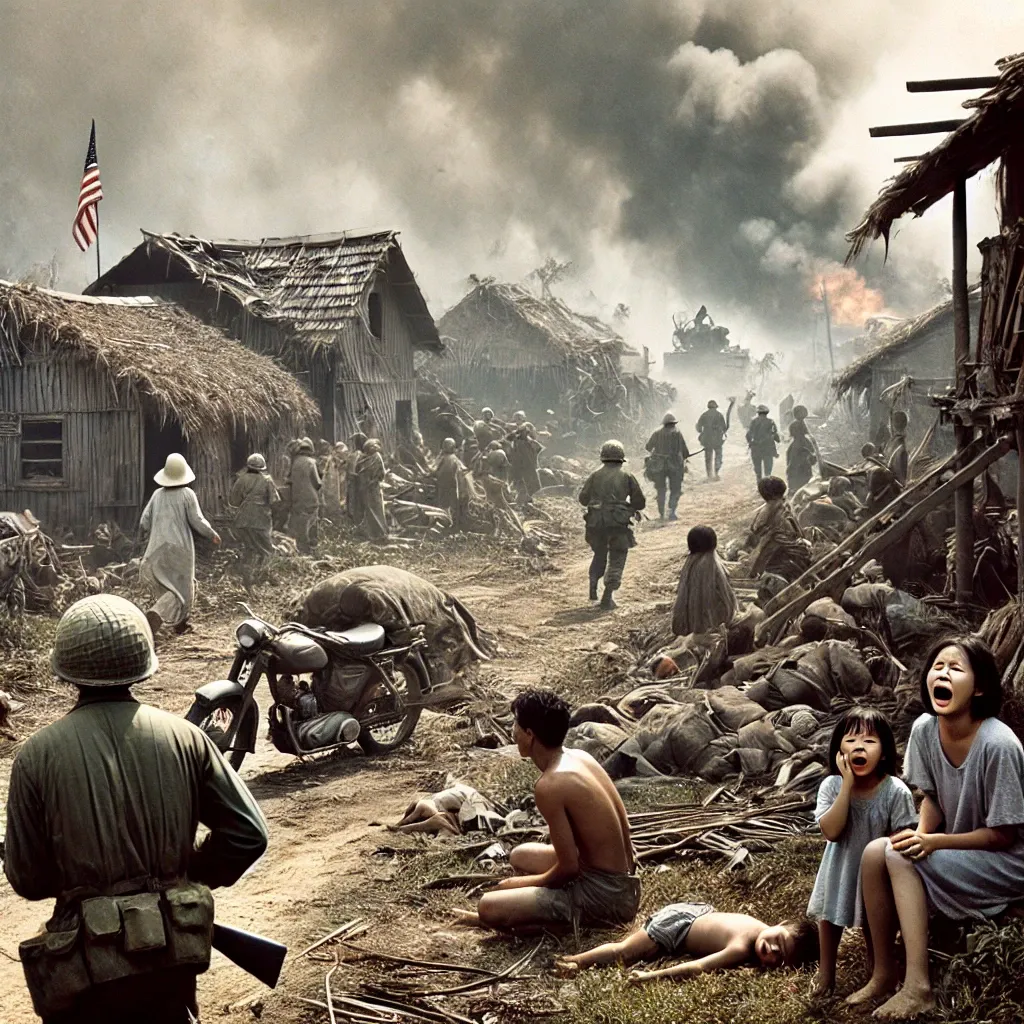 DALL·E 2025-03-11 15.39.50 - A war-torn Vietnamese village during the My Lai Massacre, with destroyed homes, smoke rising in the distance, and frightened civilians, including wome.webp