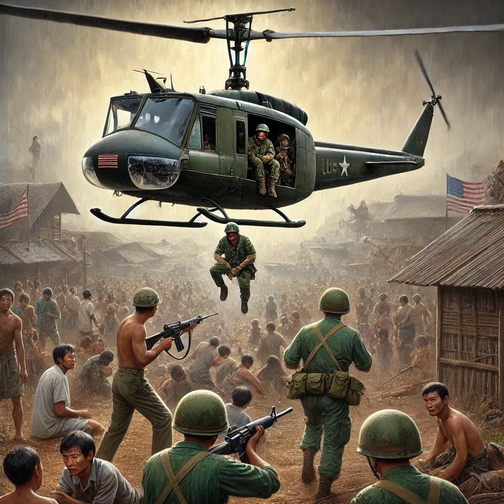DALL·E 2025-03-11 15.40.09 - U.S. Army helicopter pilot Hugh Thompson Jr. and his crew intervening during the My Lai Massacre. The image shows their helicopter landing between Vie.webp