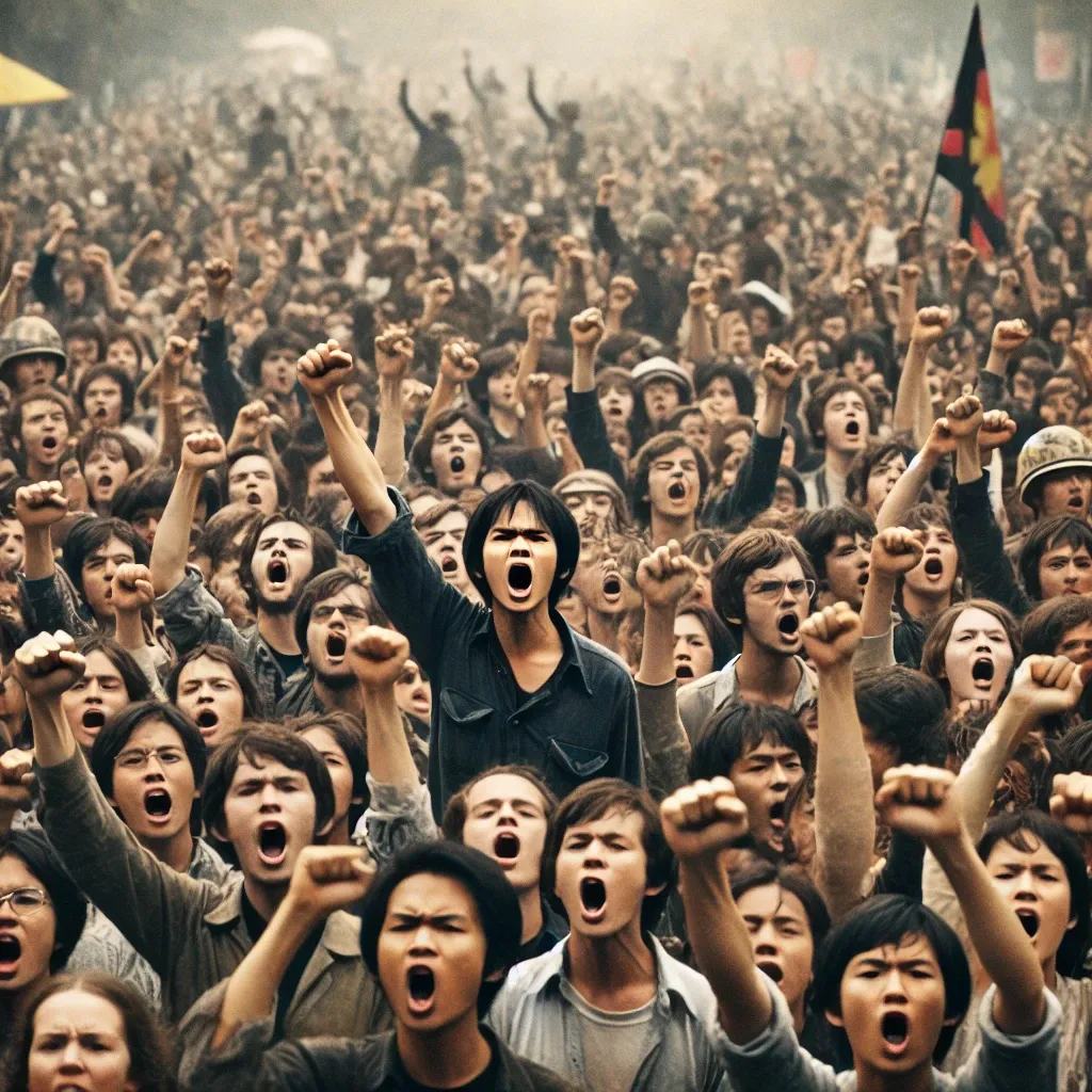 DALL·E 2025-03-11 15.58.47 - A powerful scene of public outrage against the Vietnam War. A large, diverse crowd of protesters gathered in the streets, raising their fists, chantin.webp